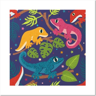 Colourful Geckos with Jungle Leaves and Stars on purple Posters and Art